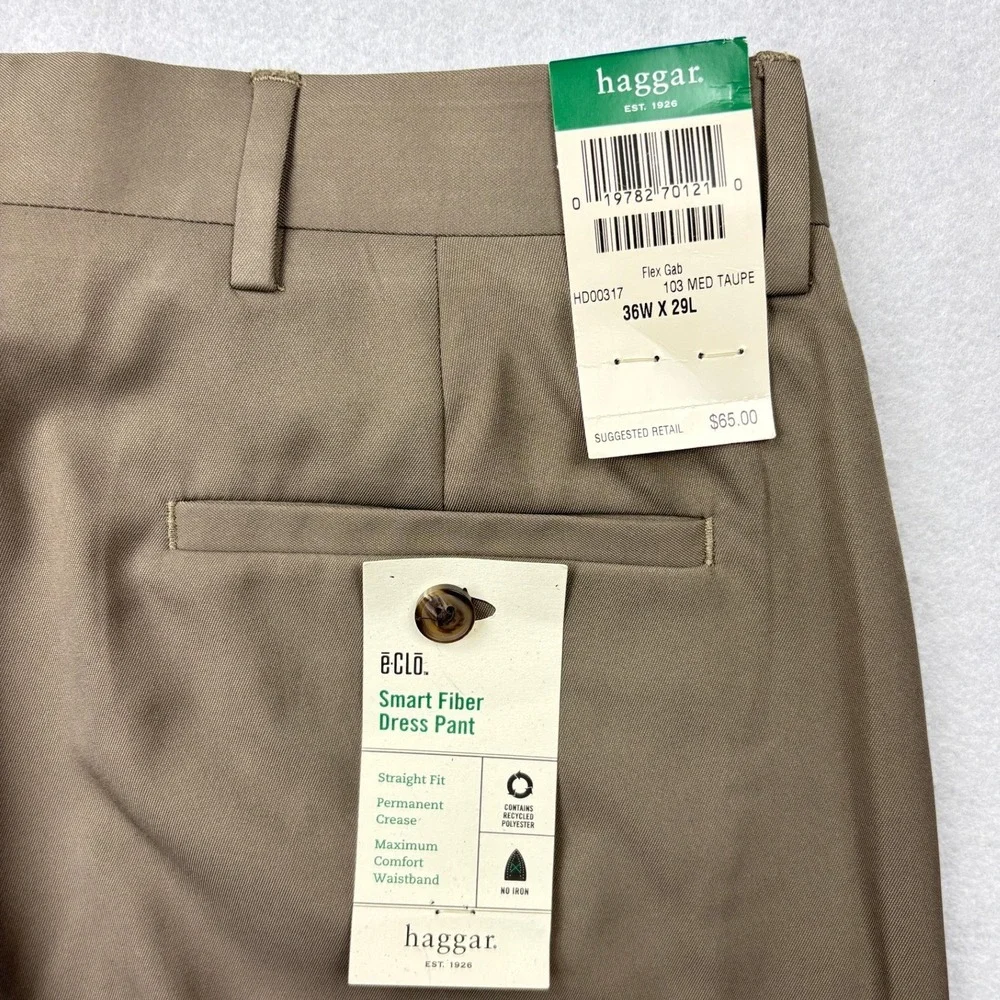 Haggar‎ eCLO Dress Pants Mens 36x29 Medium Taupe Flex Gabardine Flat Front NWT